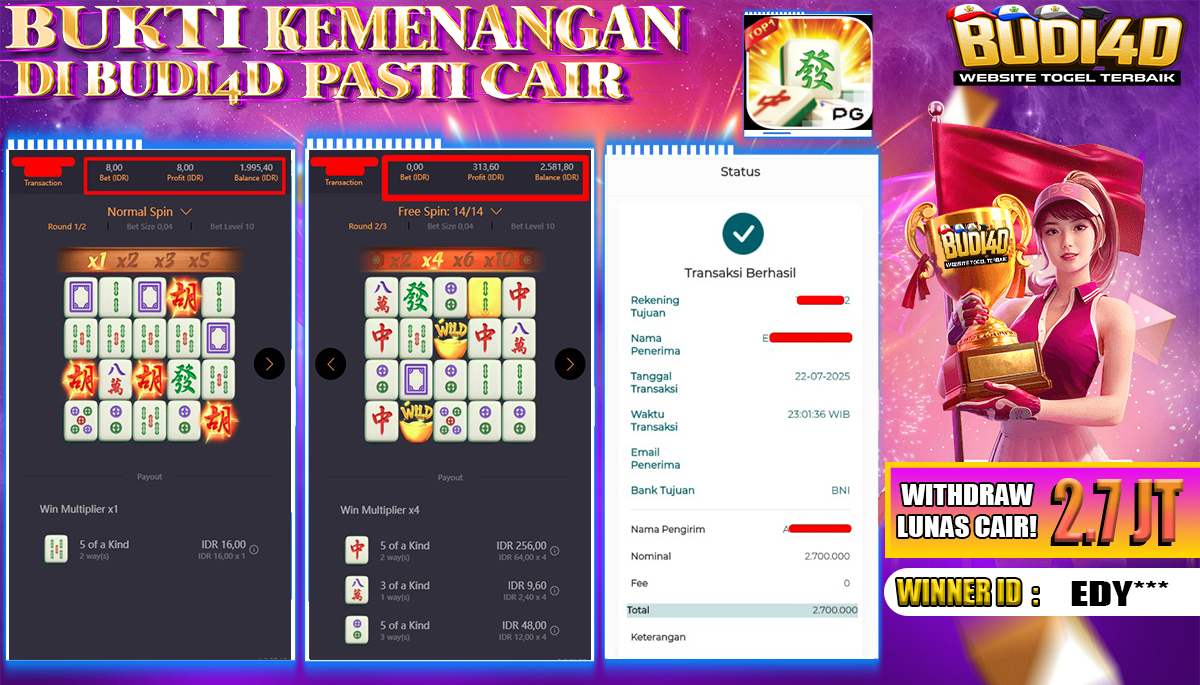 BUDI4D JACKPOT USERID:  EDY**** SLOT PGSOFT MAHJONG WAYS Rp.2.700.000,- LUNAS